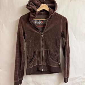 Twisted‎ Heart Brown Velour Zip Up Hoodie Y2K Beaded Heart Rhine Embroided S/XS
